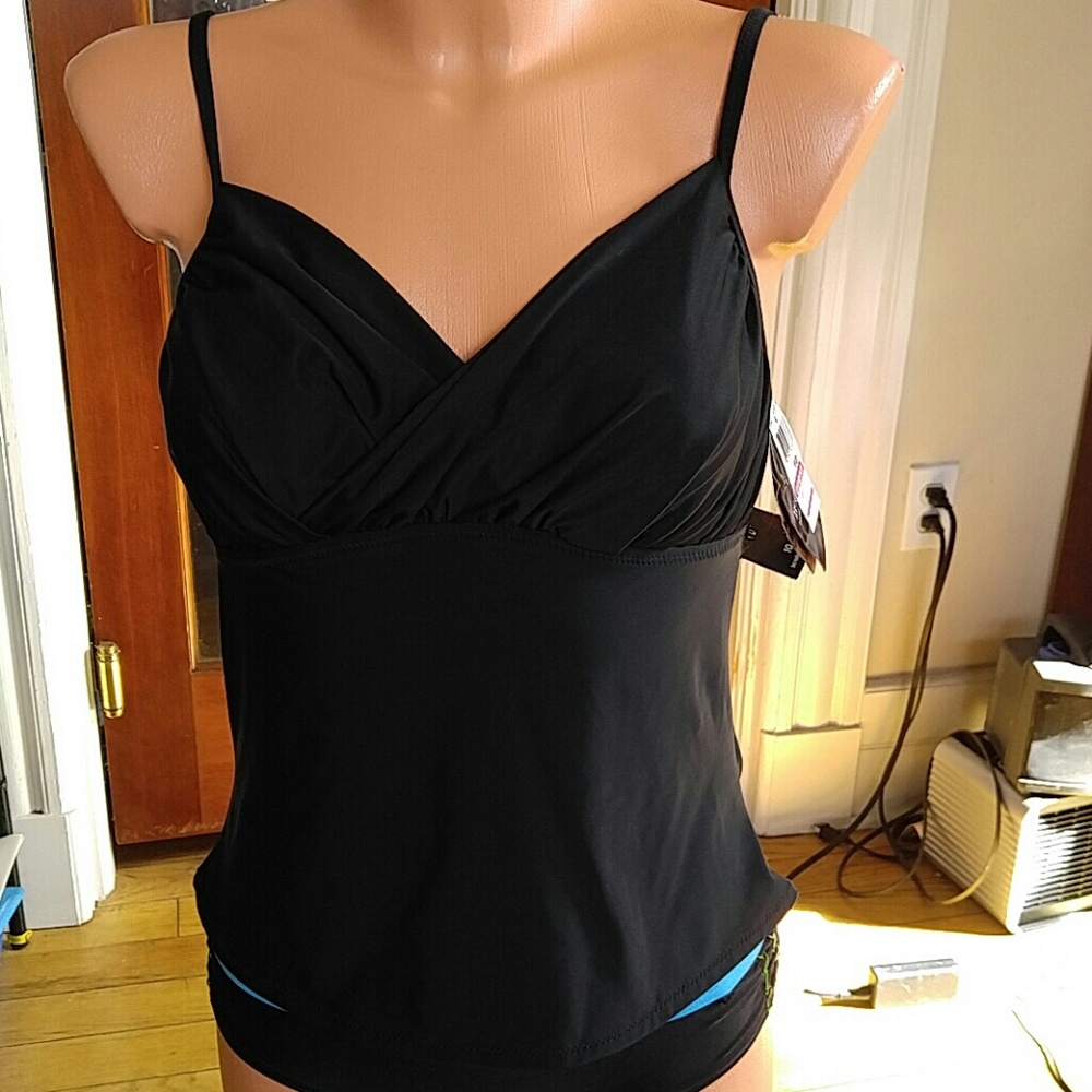 NWT black drape pleats ruched bodice Tankini L 10